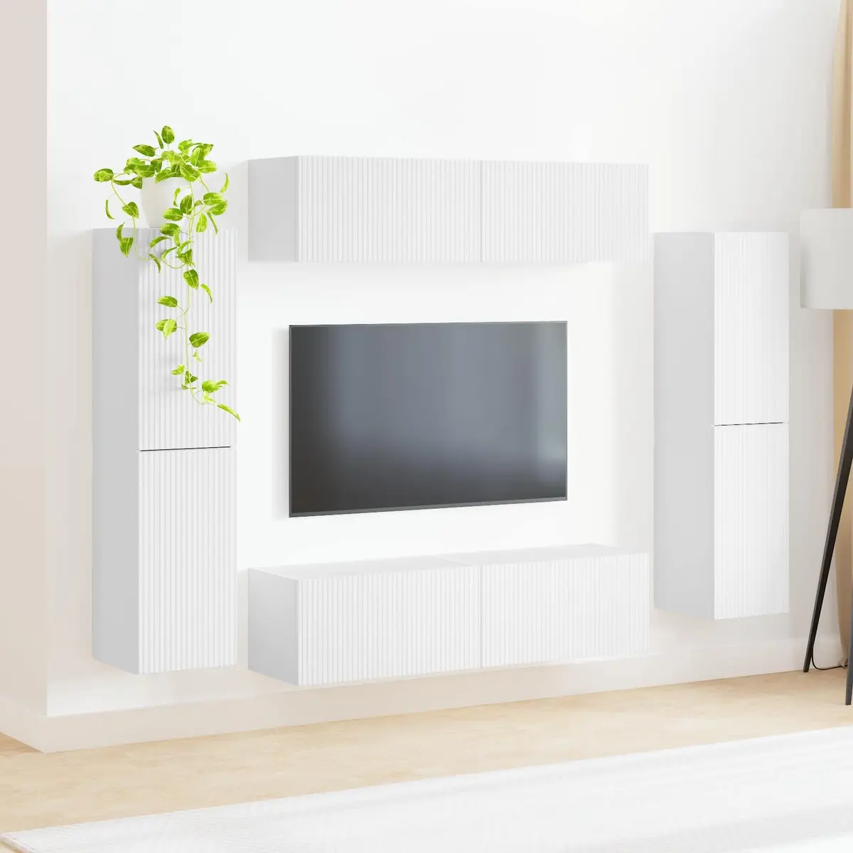 TV Cabinet Set 8 Pieces White Engineered Wood Entertainment Storage Furniture
