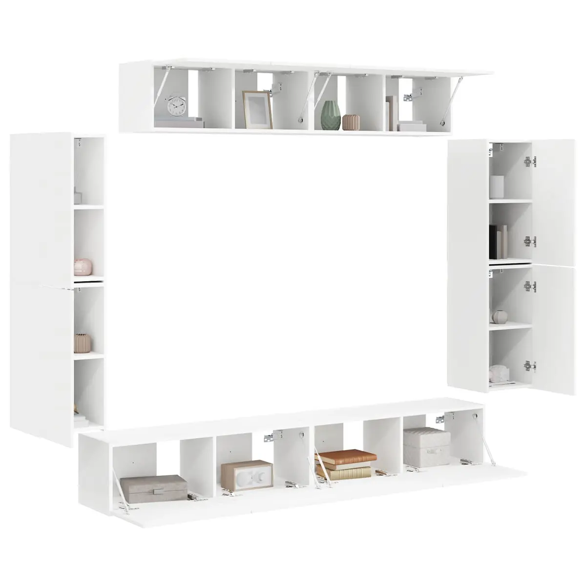 White Wall Mounted TV Cabinet Set 8 Piece Storage Unit for Organized Living Room