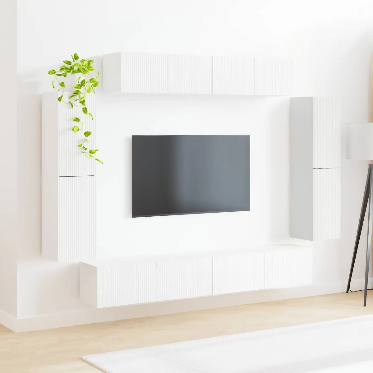 White Wall Mounted TV Cabinet Set 8 Piece Storage Unit for Organized Living Room