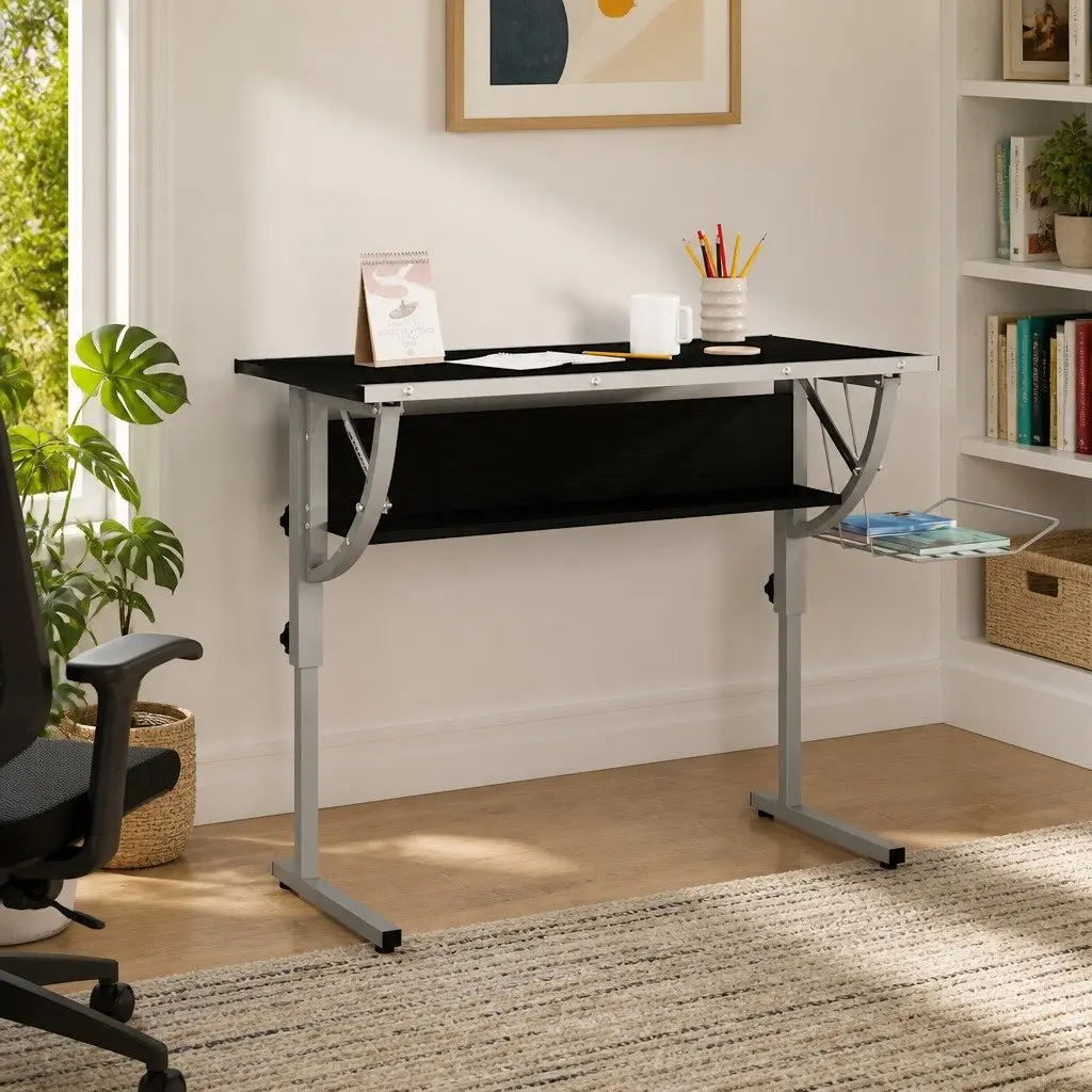 Craft Desk Adjustable Angle Tilt Desktop with Shelf Black and Grey 110 x 53 x 58-87 cm