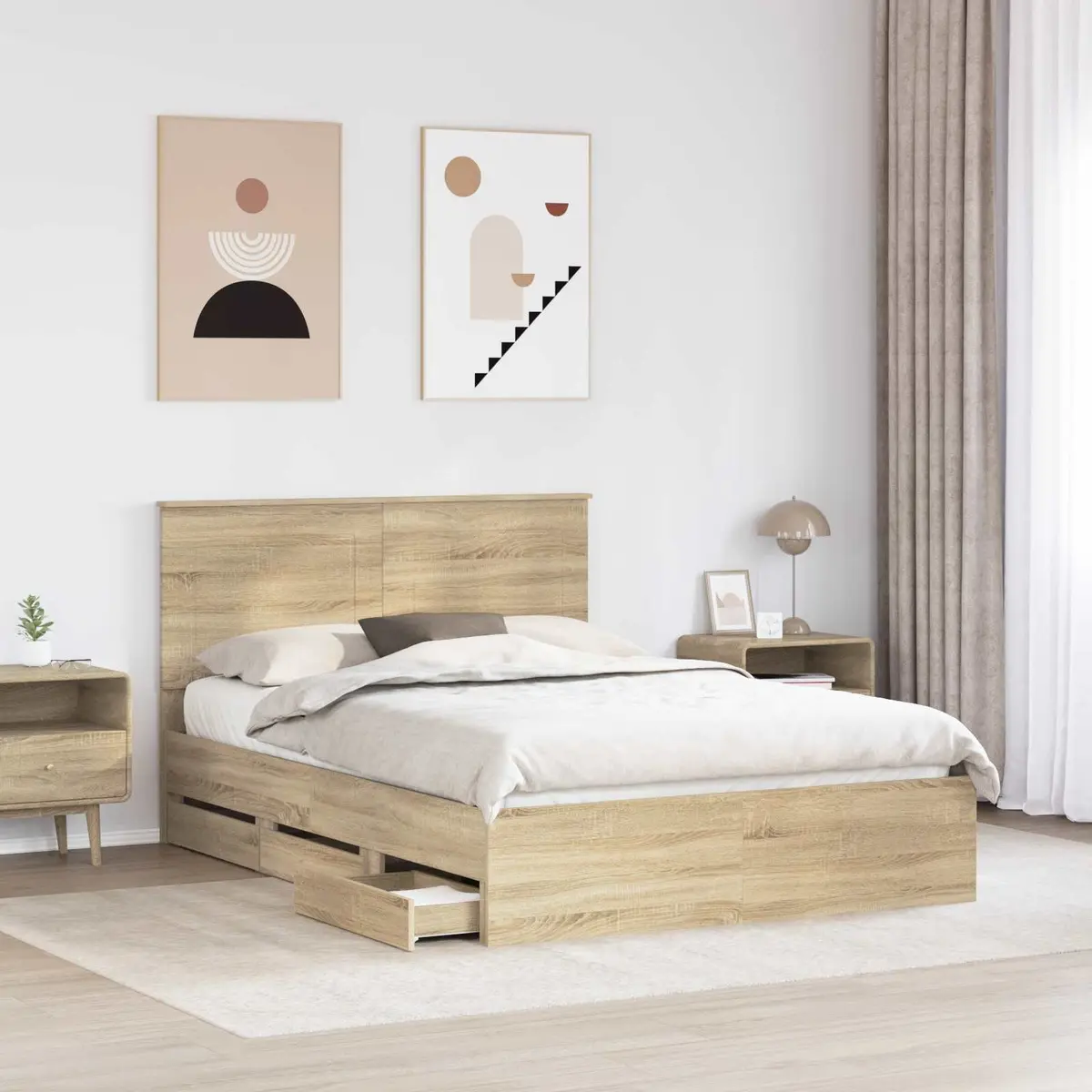 Bed Frame with Storage Drawers Engineered Wood Brown Modern 150 x 200 cm
