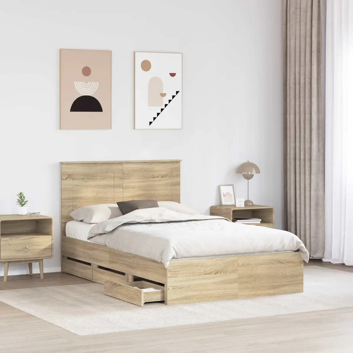 Bed Frame with Storage Drawer Modern Engineered Wood Sonoma Oak 135 x 190 cm