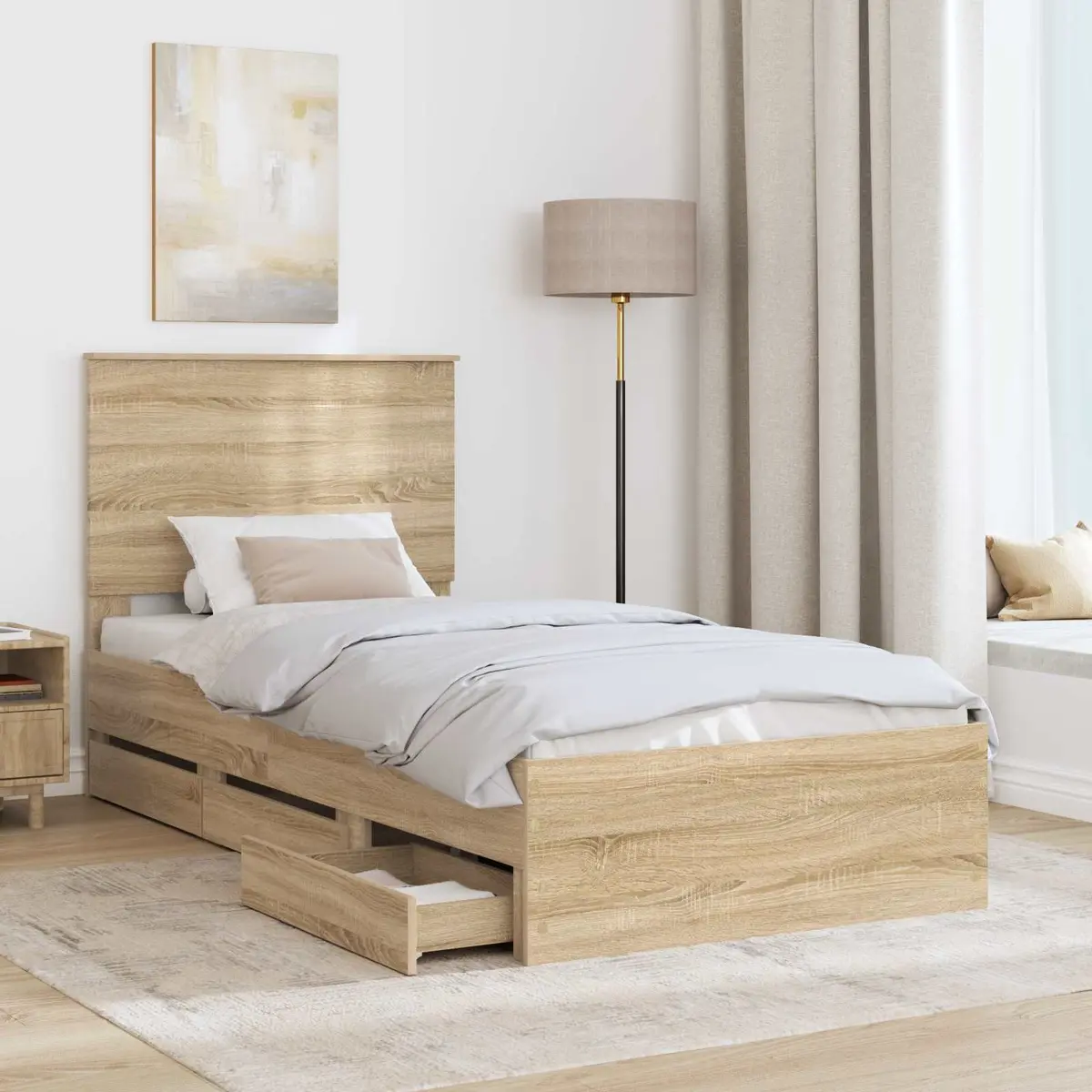 Storage Drawer Bed Frame Modern Sonoma Oak 90x190cm Engineered Wood with Slatted Base