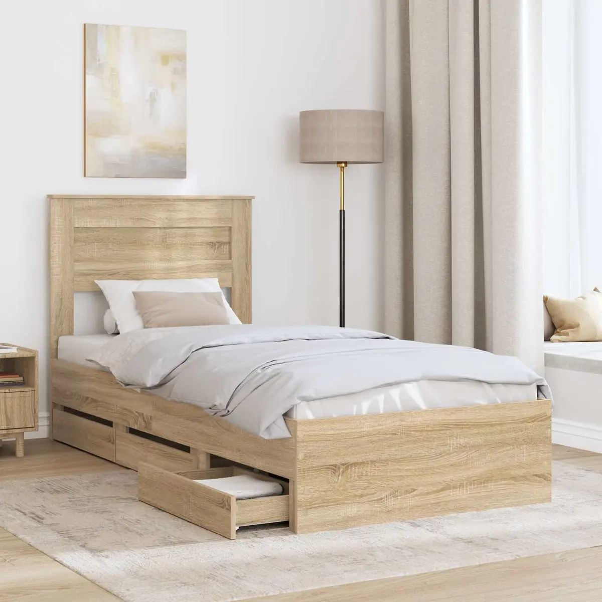 Bed Frame with Storage Drawer Modern Engineered Wood Sonoma Oak 90 x 190 cm