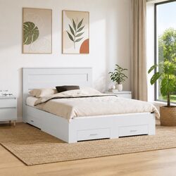 Bed Frame with Headboard White 150 x 200 cm Storage Drawers Slatted Base