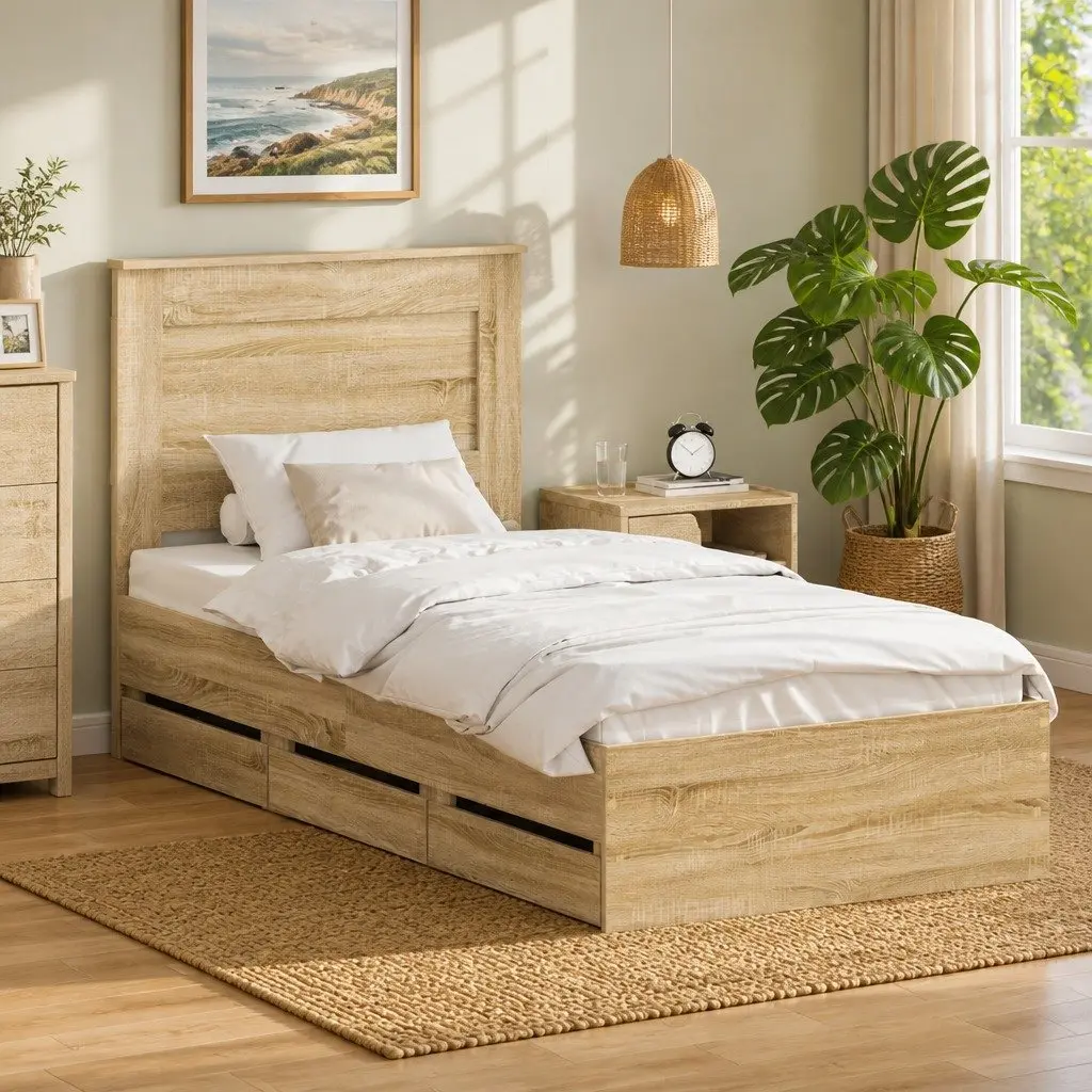 Bed Frame with Storage Drawer, Brown 90 x 190 cm