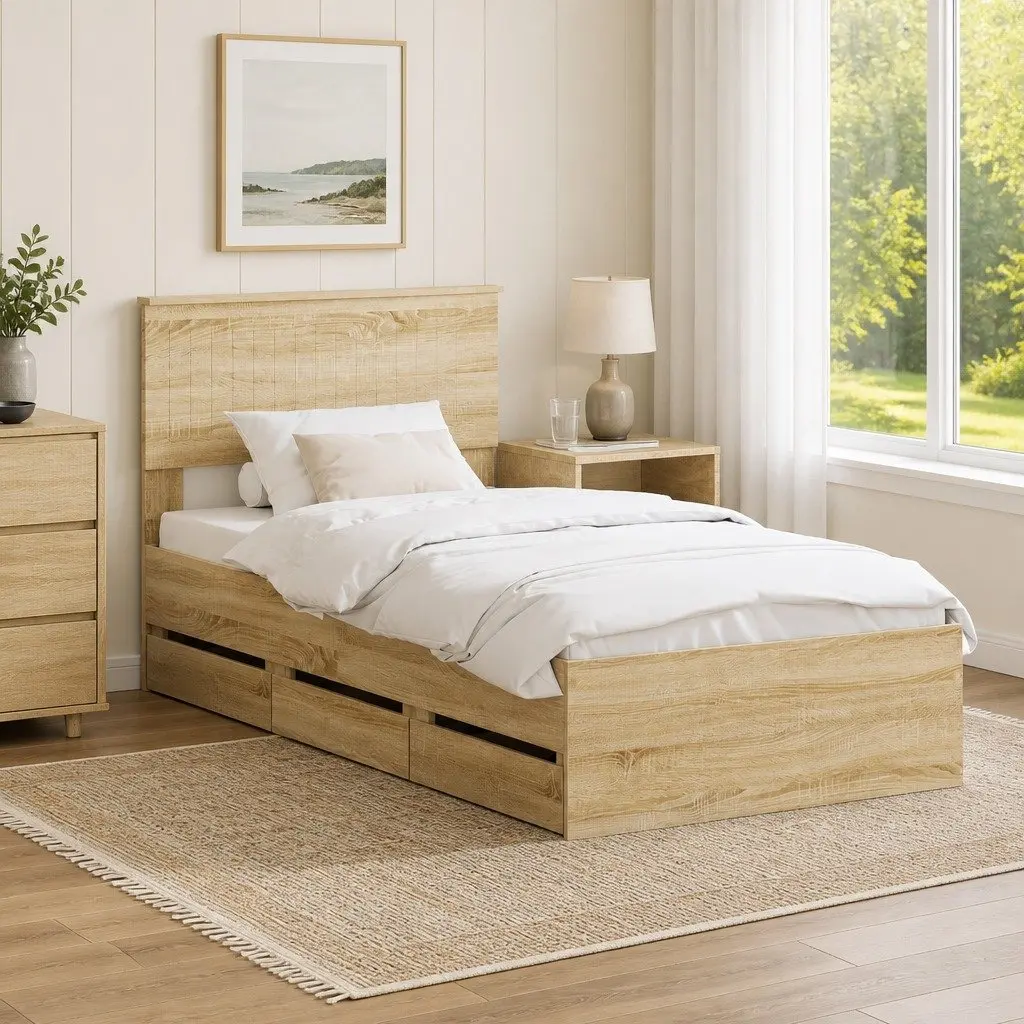 Bed Frame with Storage Drawer Brown 90 x 190 cm Engineered Wood Slatted Base