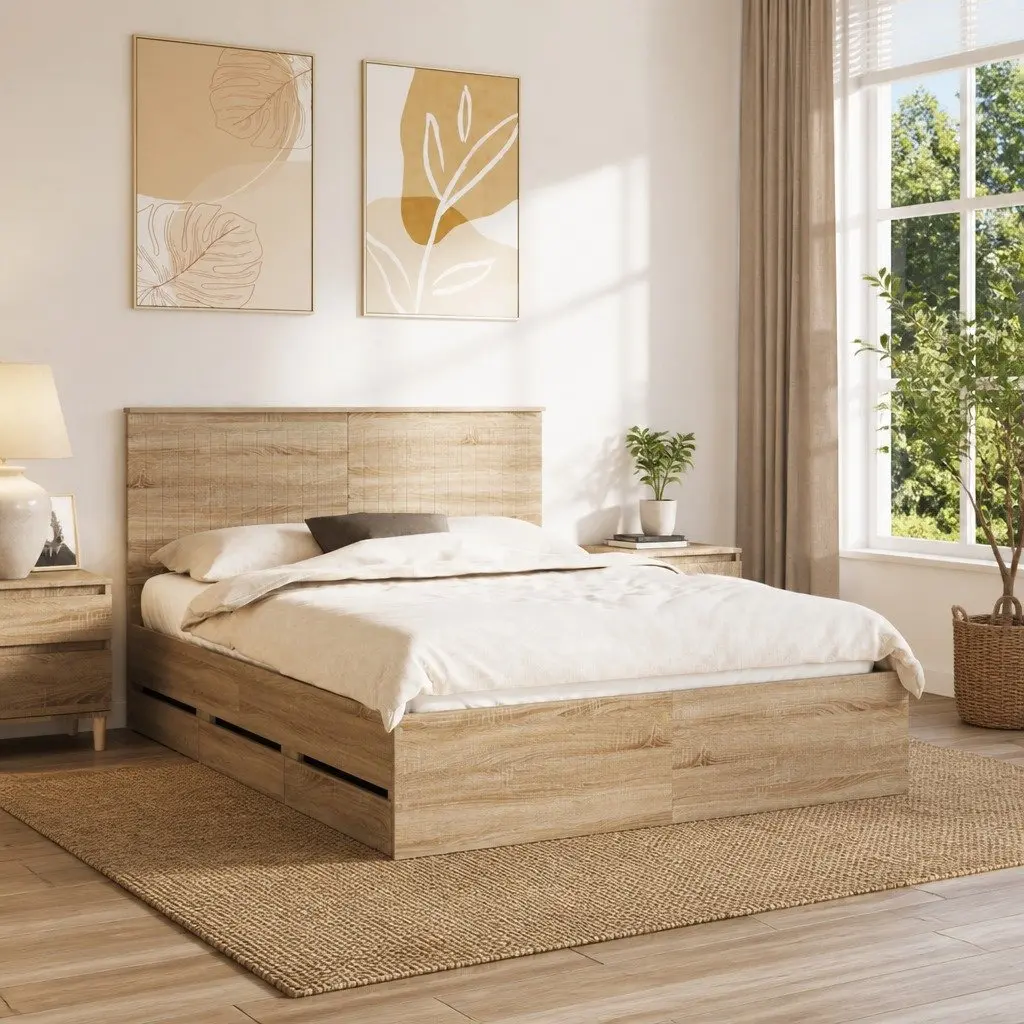 Bed Frame with Storage in Sonoma Oak Finish