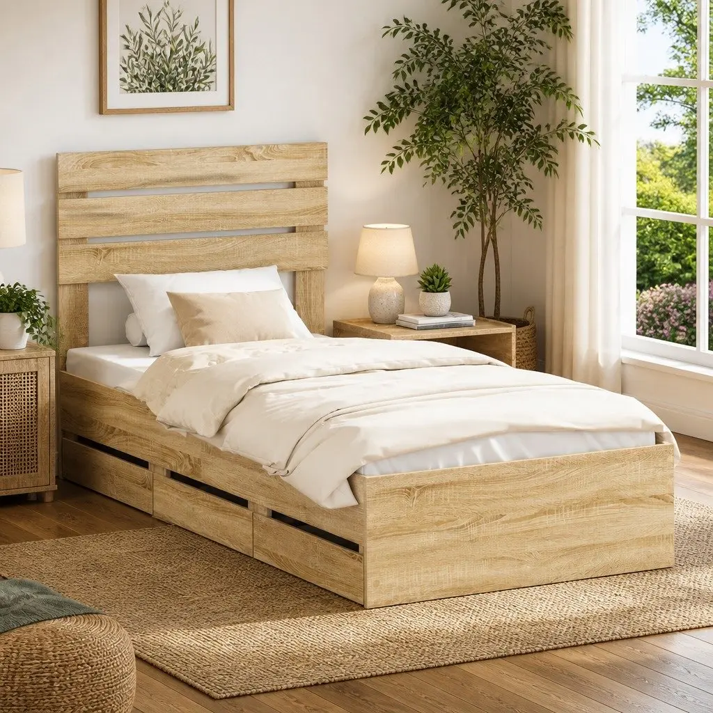 Bed Frame with Drawer Brown Engineered Wood Slatted 90 x 190 cm