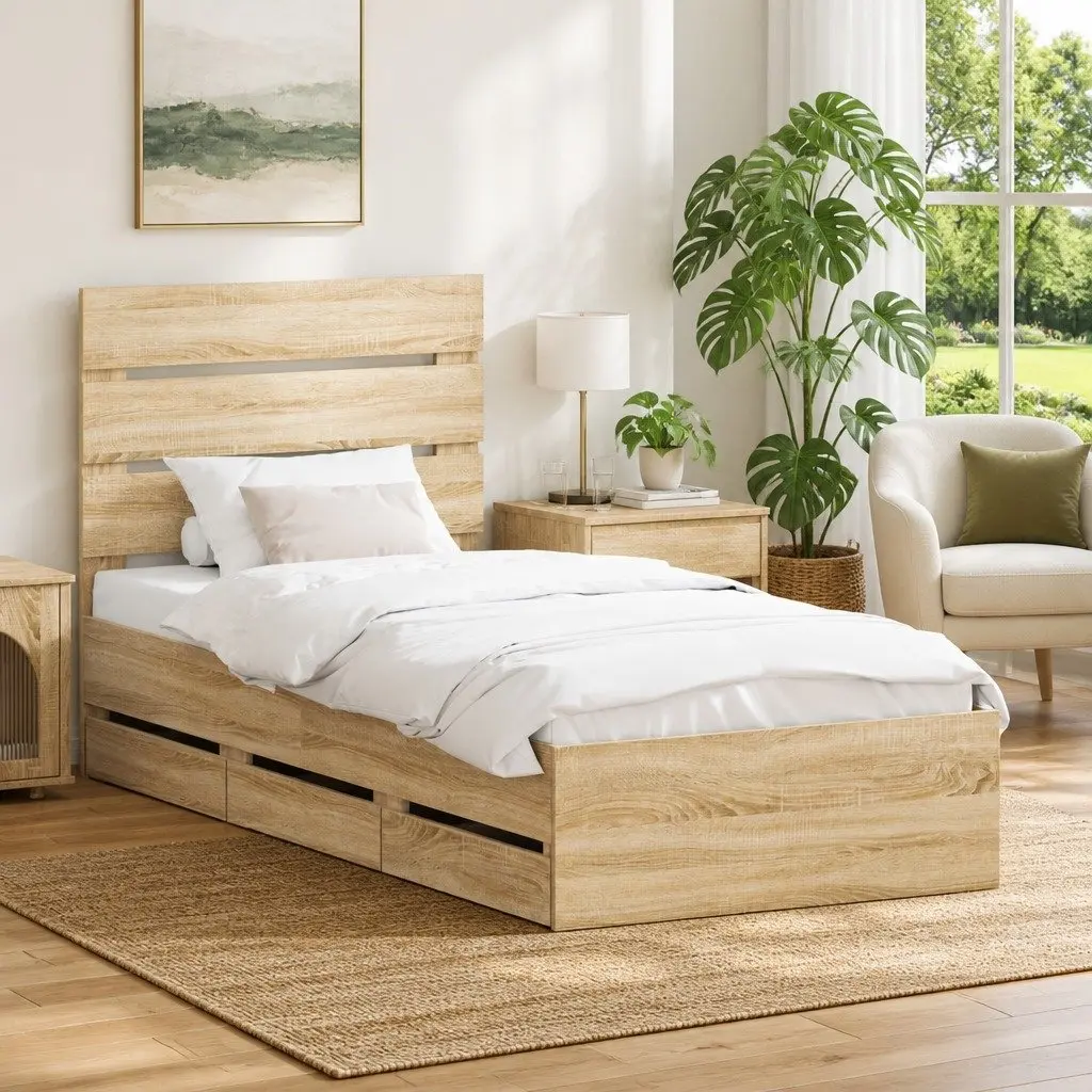 Sonoma Oak Bed Frame with Storage Drawers 90 x 190 cm