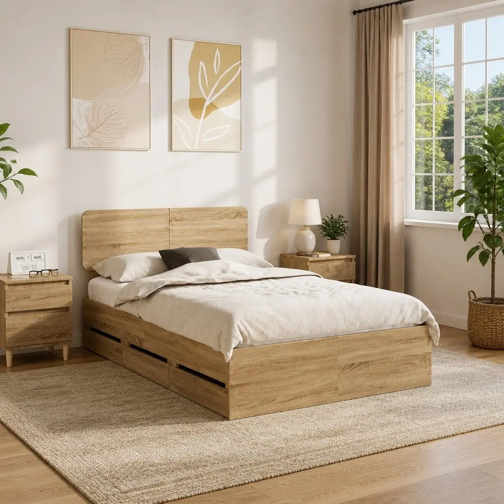 Storage Bed Frame with Drawers Adjustable Headboard Engineered Wood Brown 135x190cm