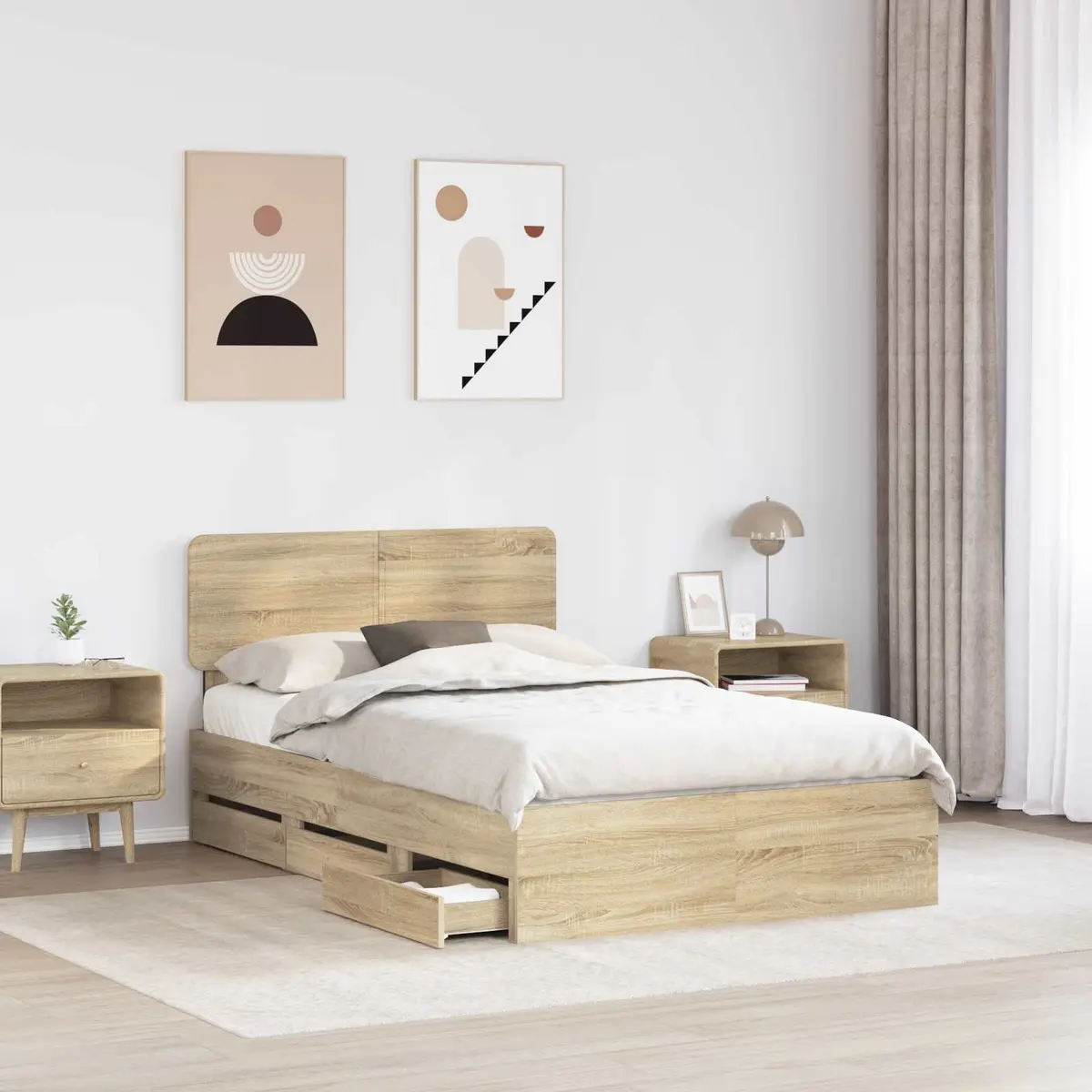 Storage Bed Frame with Drawers Adjustable Headboard Engineered Wood Brown 135x190cm