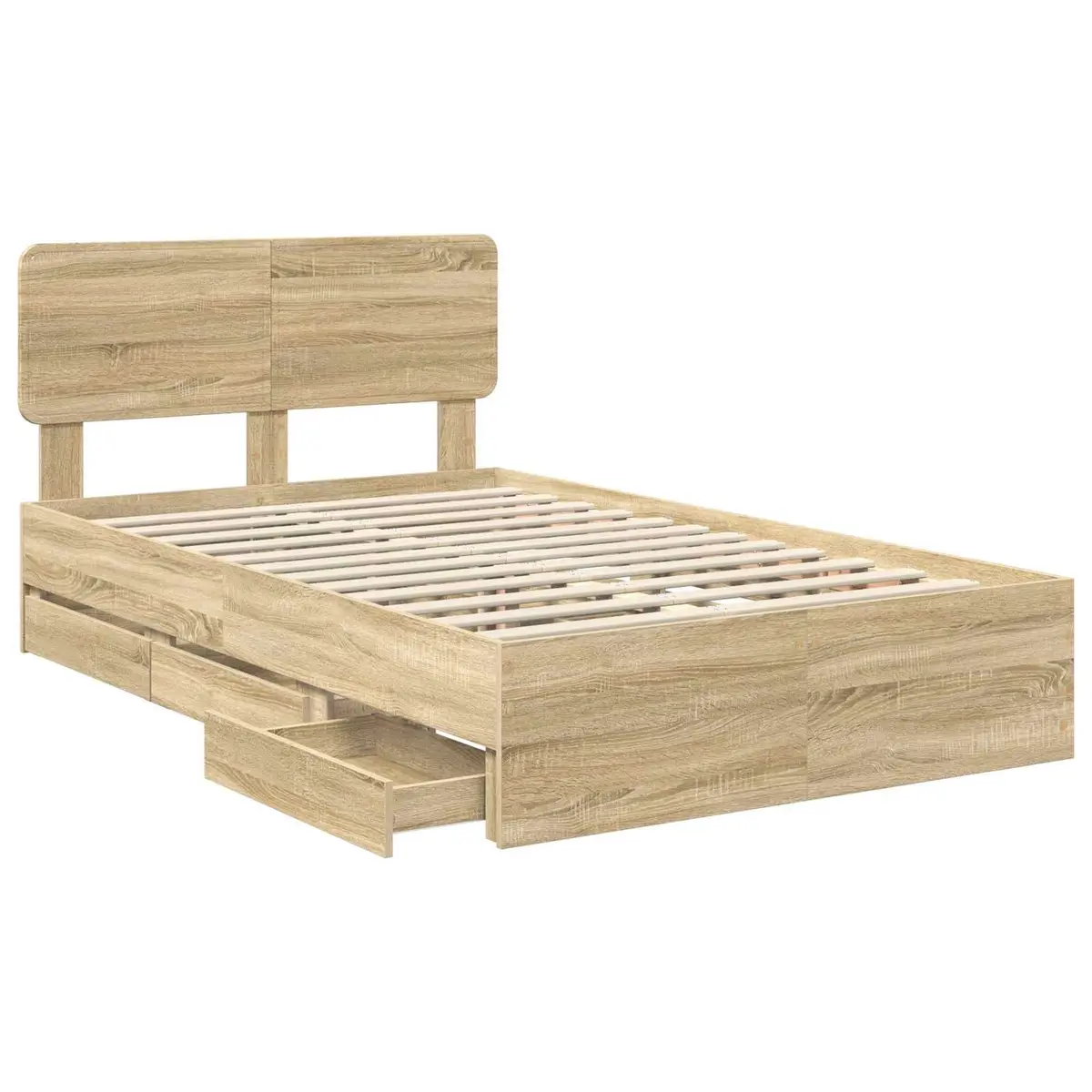 Storage Bed Frame with Drawers Adjustable Headboard Engineered Wood Brown 135x190cm