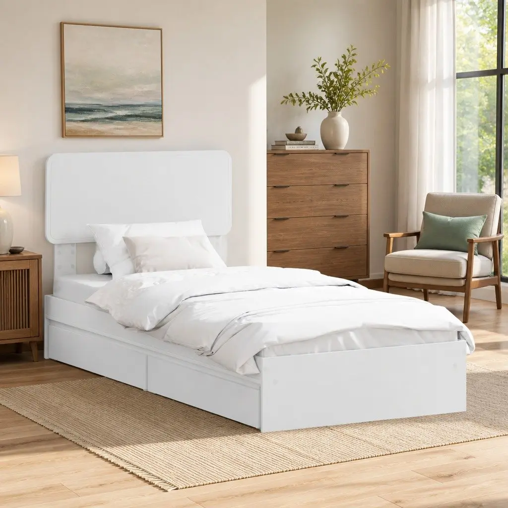 White Engineered Wood Storage Bed Frame with Drawers Platform 90 x 190 cm