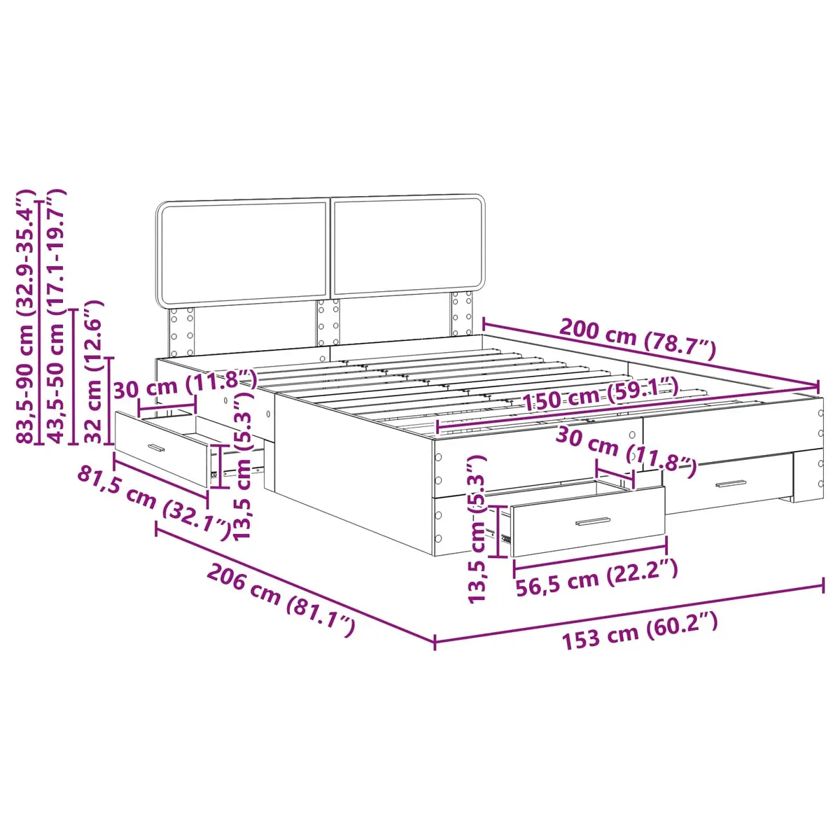 White Bed Frame with Headboard Storage Drawers 150 x 200 cm Engineered Wood