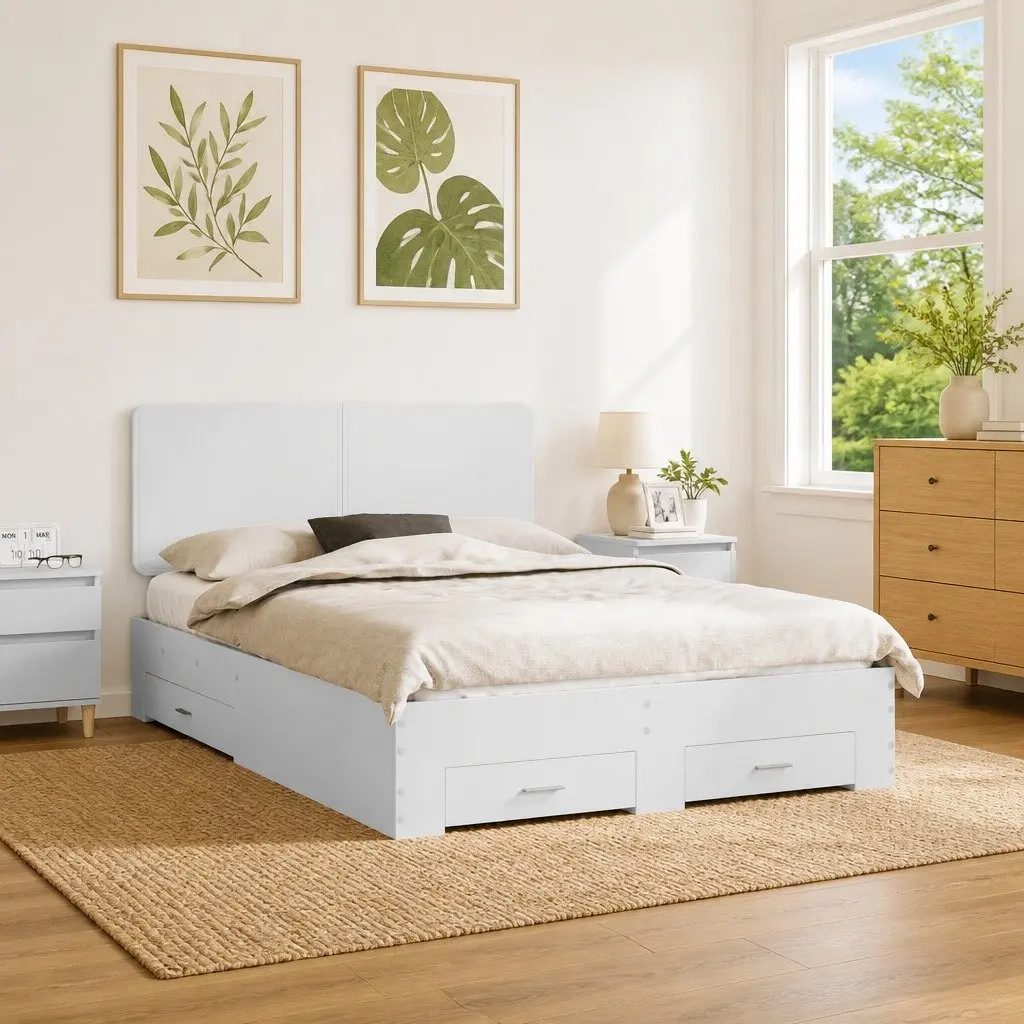 White Bed Frame with Headboard and Storage Drawers 150 x 200 cm Engineered Wood
