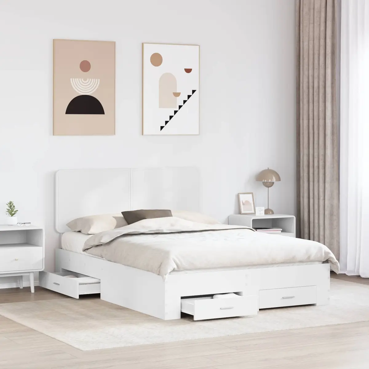 White Bed Frame with Headboard and Storage Drawers 150 x 200 cm Engineered Wood