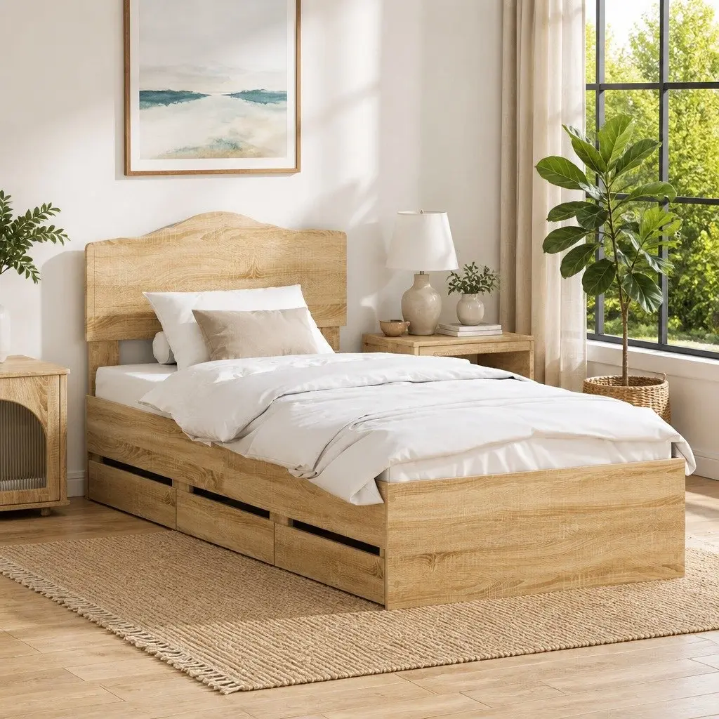 Bed Frame with Storage Drawer Modern Engineered Wood Sonoma Oak 90 x 190 cm