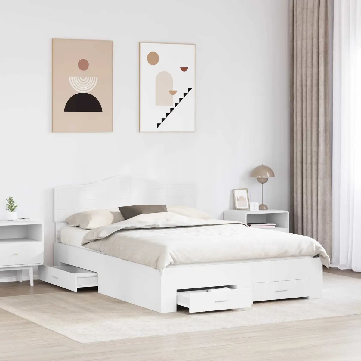 White Bed Frame with Headboard and Drawers