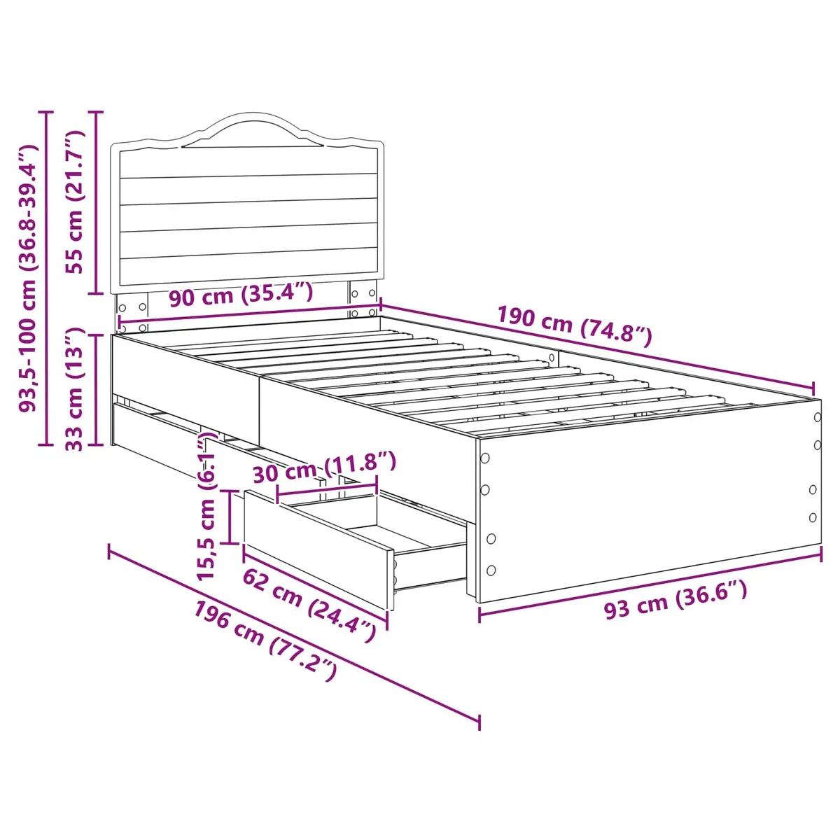 Bed Frame with Storage Drawers, 90 x 190 cm