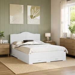White Bed Frame with Headboard and Storage Drawers, 150 x 200 cm