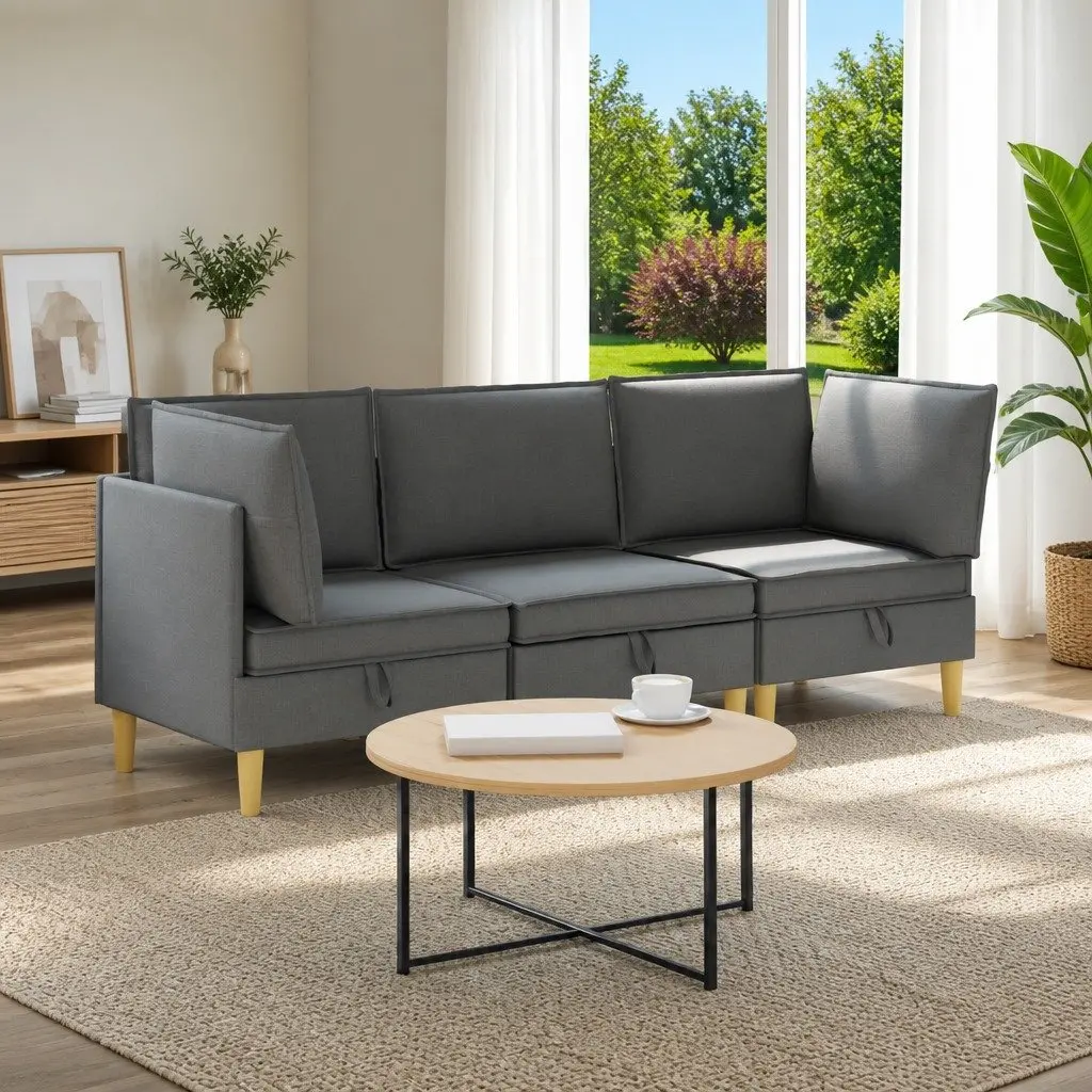 Modular Sofa Set 3-Piece Storage Grey Fabric Living Room Couch