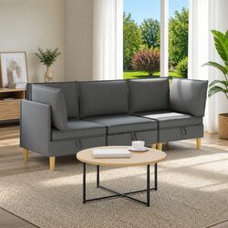Modular Sofa Set 3-Piece Storage Grey Fabric Living Room Lounge Couch Suite