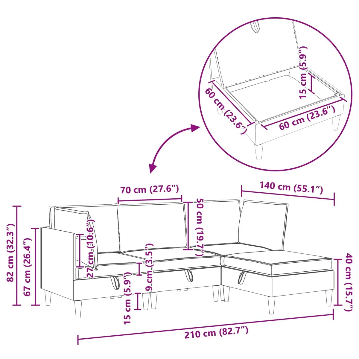 Modular Sofa Set 3-Piece Storage Grey Fabric Living Room Couch