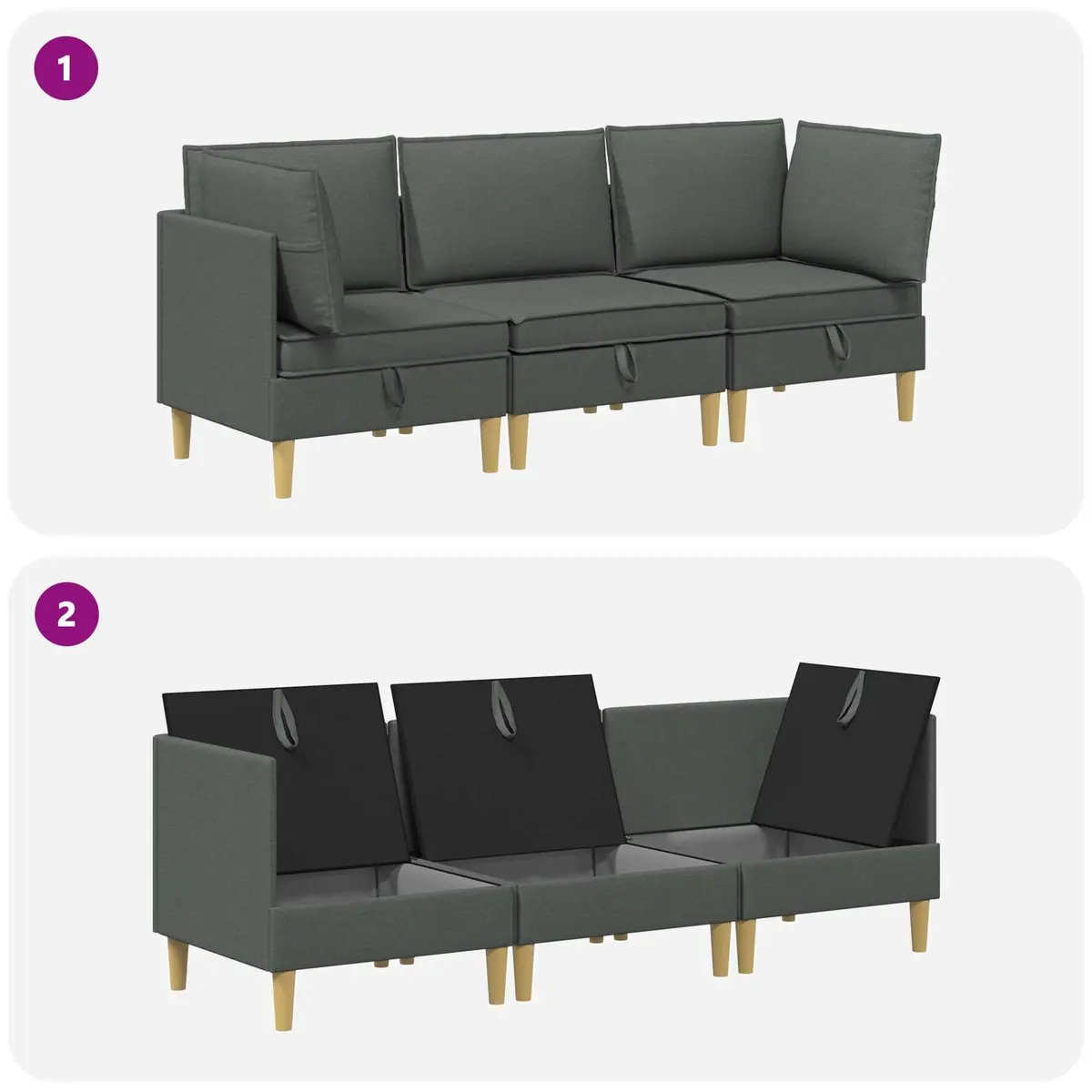 Modular Sofa Set 3-Piece Storage Grey Fabric Living Room Couch