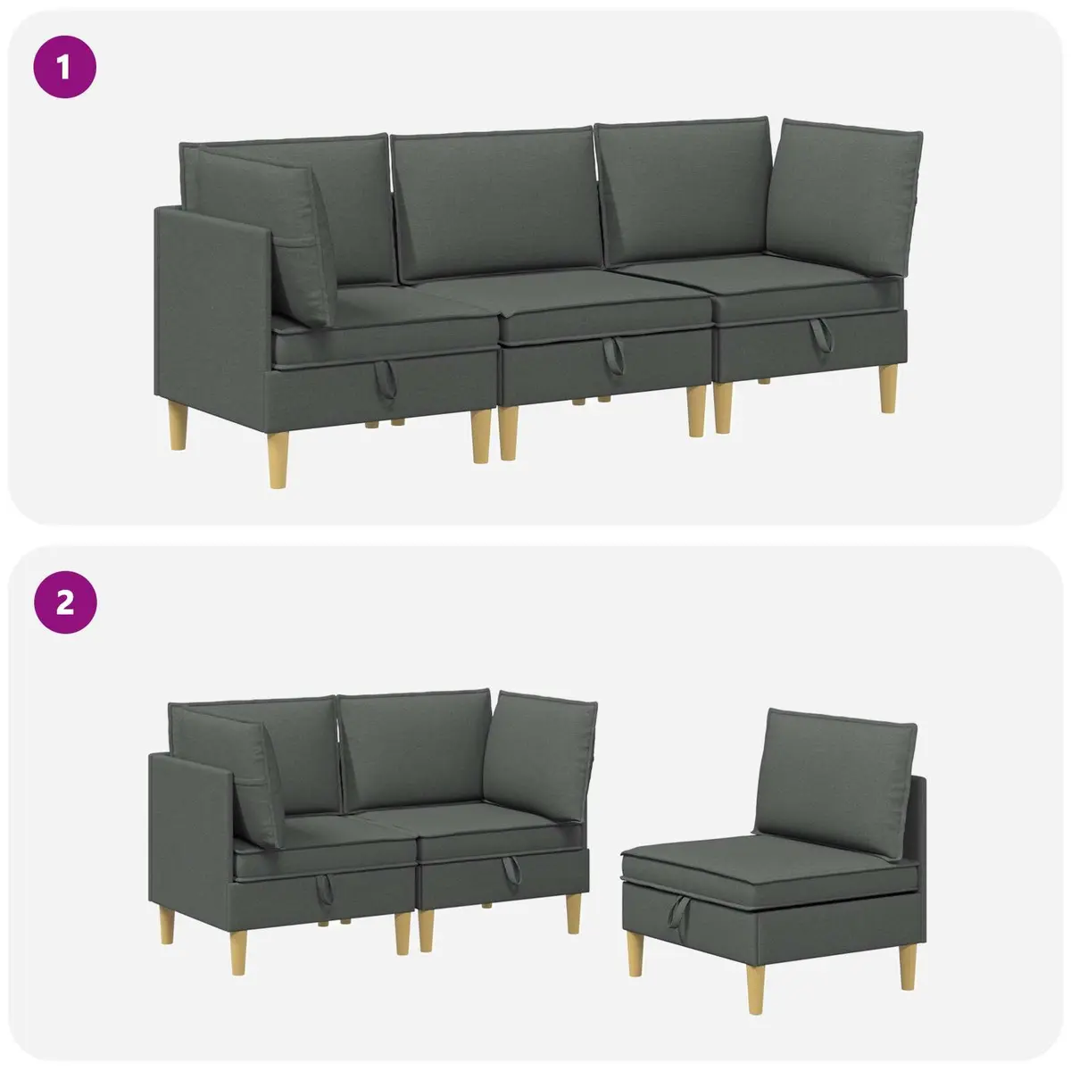 Modular Sofa Set 3-Piece Storage Grey Fabric Living Room Couch