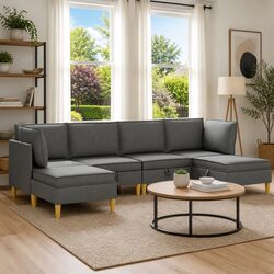 Modular Sofa Set 6 Pieces with Storage Grey Fabric Living Room Furniture