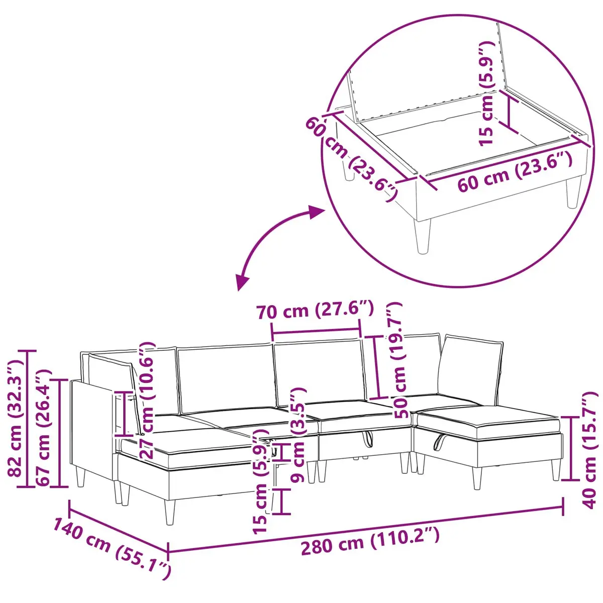 Modular Sofa Set Grey Fabric 6 Pieces with Storage