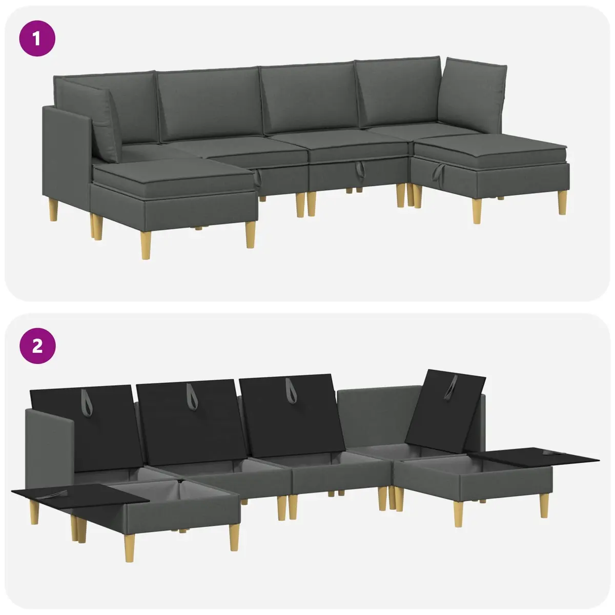 Modular Sofa Set Grey Fabric 6 Pieces with Storage