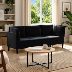 Modern Living Room Furniture Set 3 Piece Black Velvet Sofa Cushioned Seating