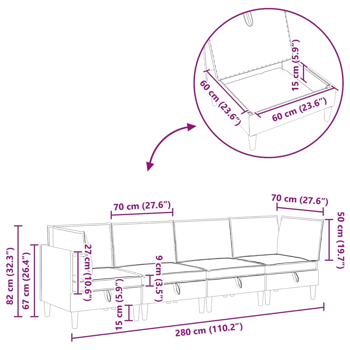 Modern Living Room Furniture Set 4 pcs Black Velvet Cushioned Seating Storage