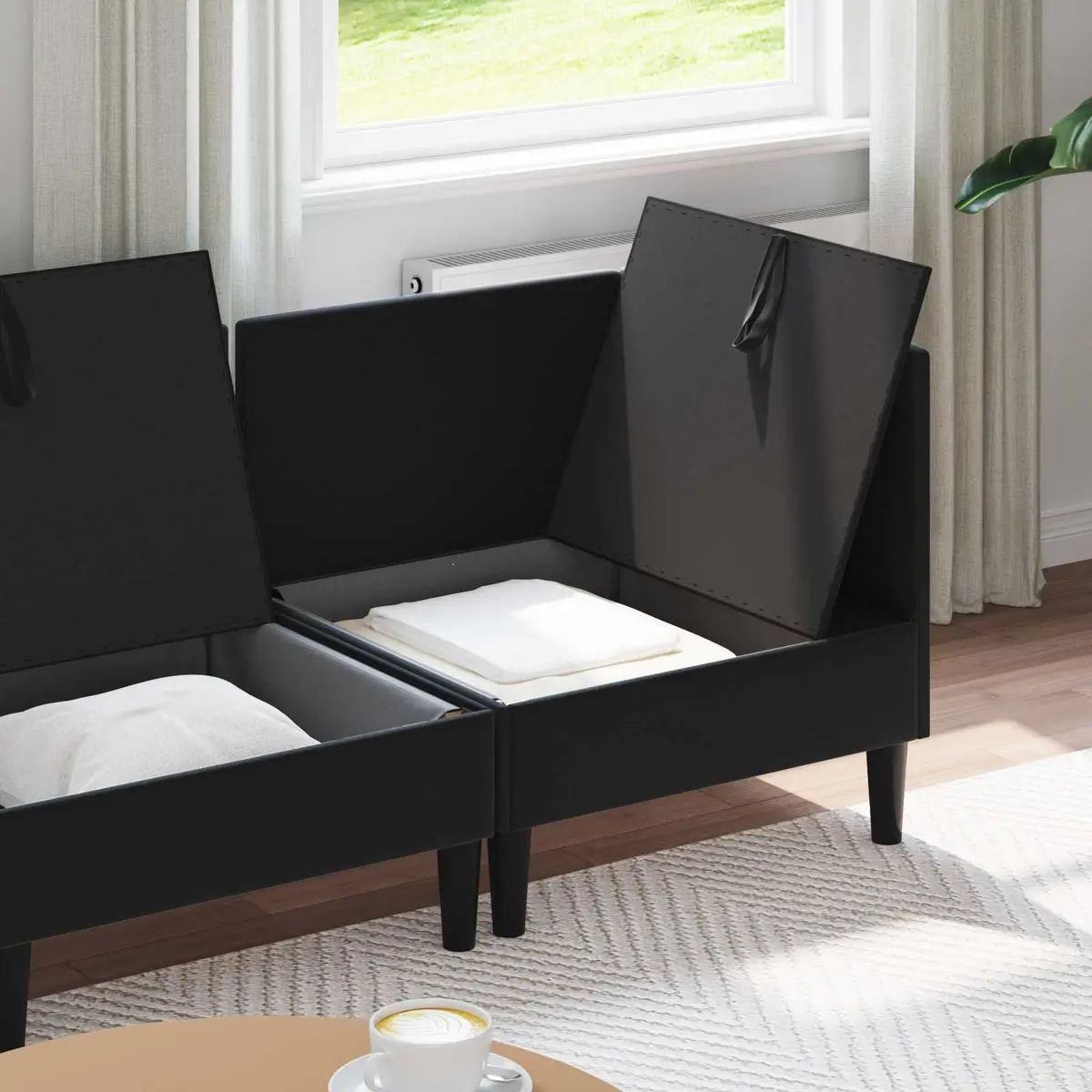 Modern Living Room Furniture Set 4 pcs Black Velvet Cushioned Seating Storage