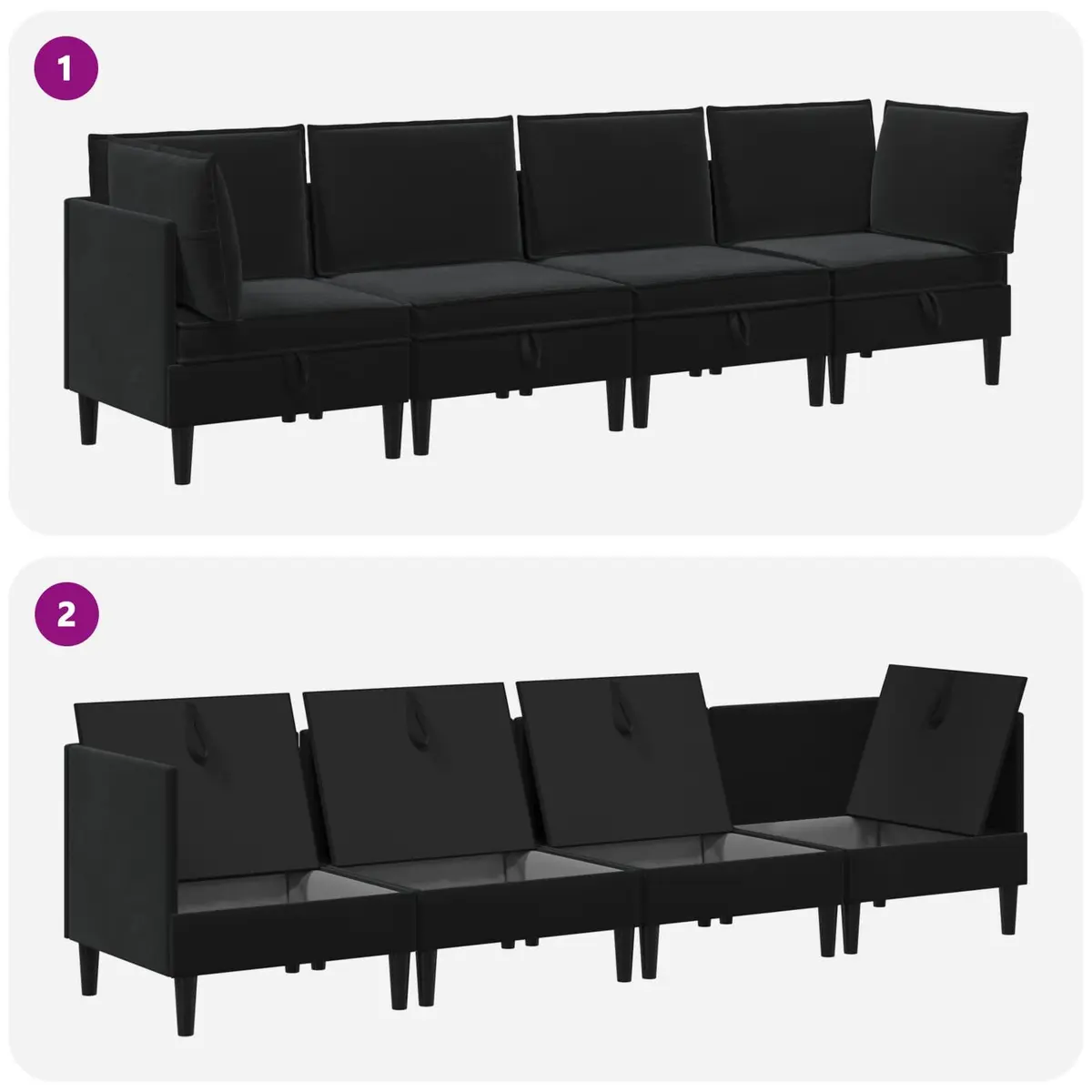 Modern Living Room Furniture Set 4 pcs Black Velvet Cushioned Seating Storage