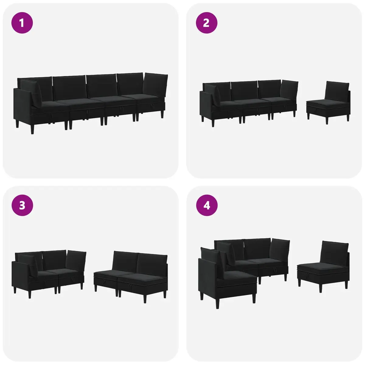 Modern Living Room Furniture Set 4 pcs Black Velvet Cushioned Seating Storage