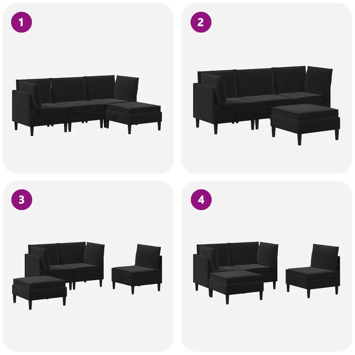 Living Room Furniture Set Modern Black Velvet 4 Piece Cushioned Storage