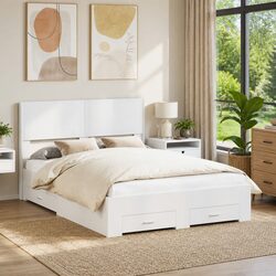 White Bed Frame 150x200cm with Storage Compartments Slatted Base Modern Design