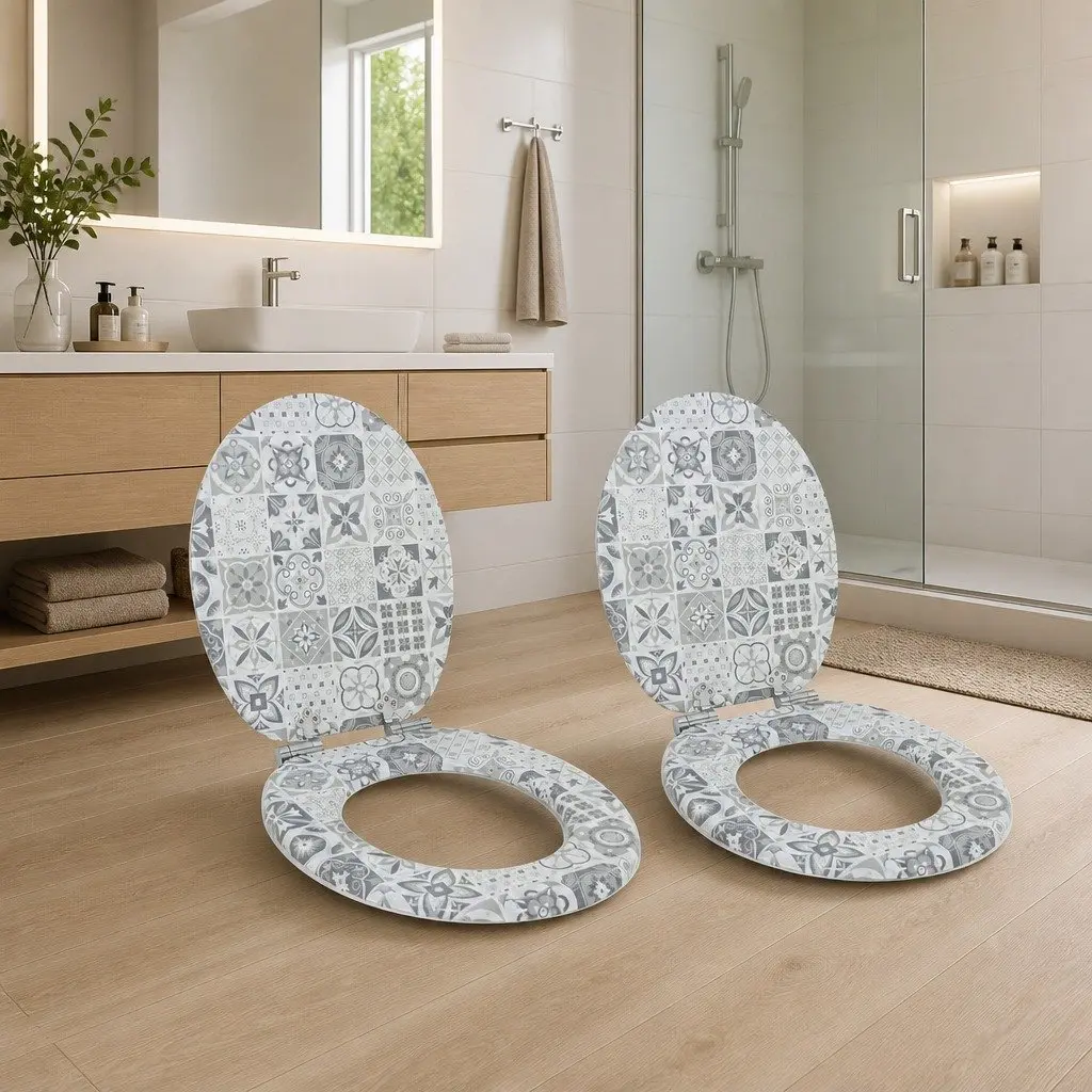 Soft-Close Toilet Seat Blue White MDF Board Non-Slip 2 Pack