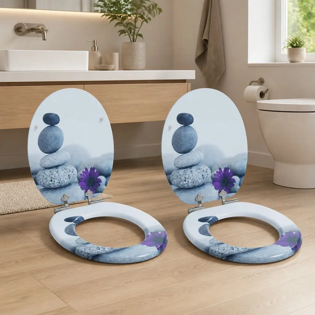 Soft-Close Toilet Seat Grey MDF 44 x 38 cm Bathroom Fixture 2 Pieces