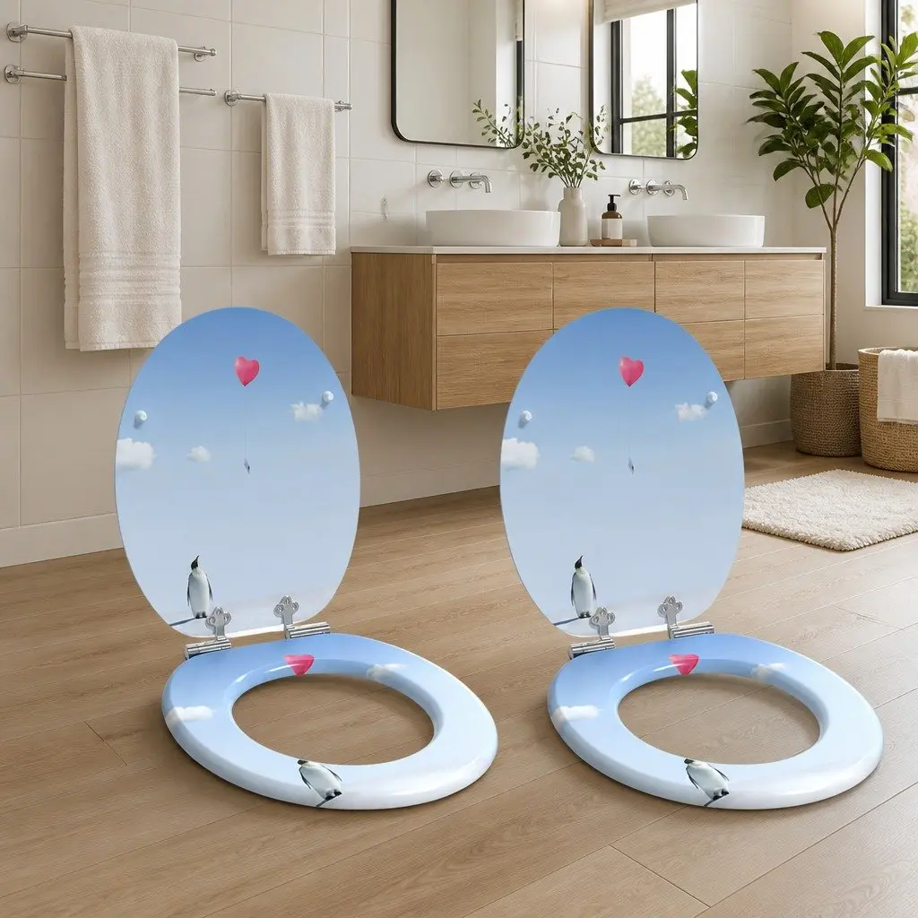 Toilet Seat Soft-Close Blue MDF 44x38cm 2 Piece Bathroom Accessory Quiet and Durable
