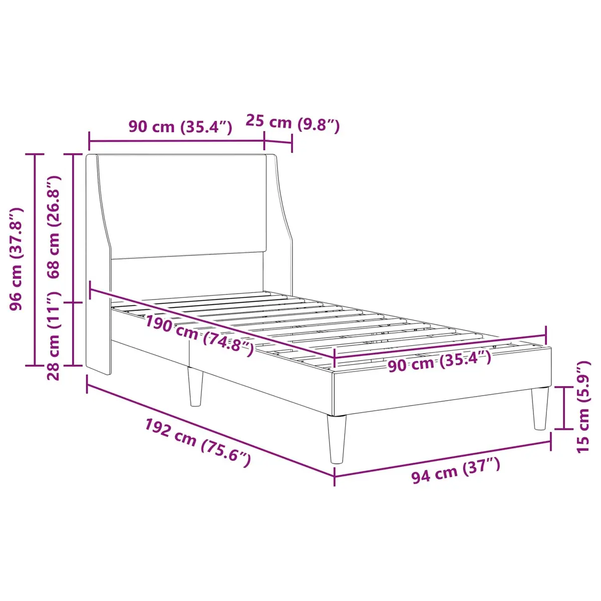 Bed Frame Fabric Headboard Dark Grey 90 x 190 cm