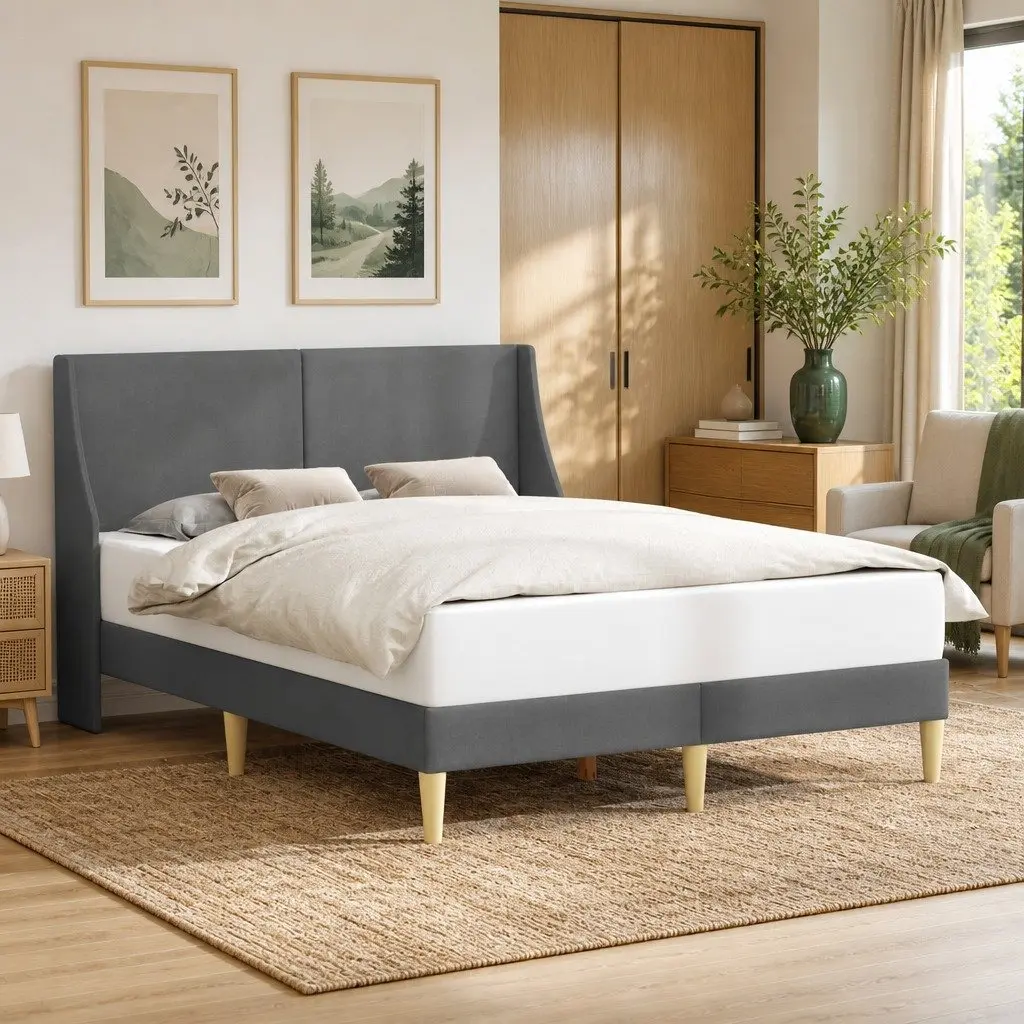 Dark Grey Bed Frame with Fabric Headboard