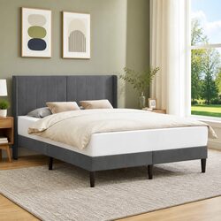 Bed Frame with Dark Grey Velvet Headboard Modern Bedroom Furniture Slatted Base