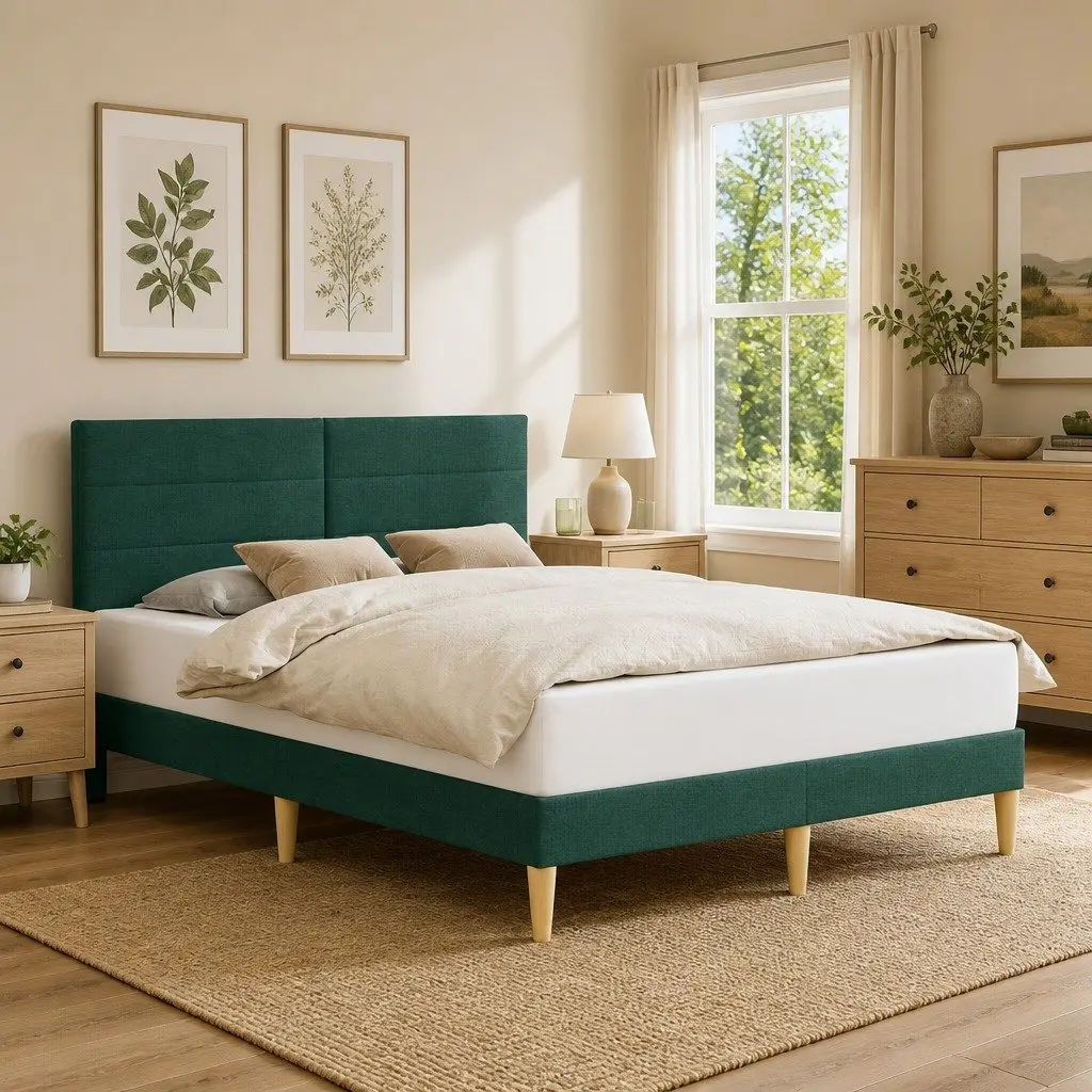 Bed Frame Fabric Upholstered Headboard Dark Grey Rectangular Indoor
