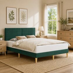 Bed Frame with Fabric Upholstered Headboard Dark Grey Bedroom Furniture Modern