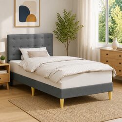 Friendly Bed Frame with Upholstered Headboard in Dark Grey