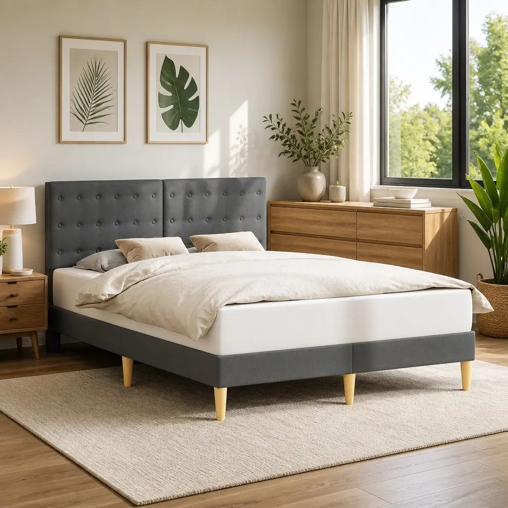 Bed Frame with Headboard Dark Grey Fabric Upholstered Modern Bedroom Furniture